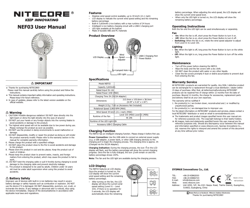Page 1 de la notice Manuel utilisateur Nitecore NEF03