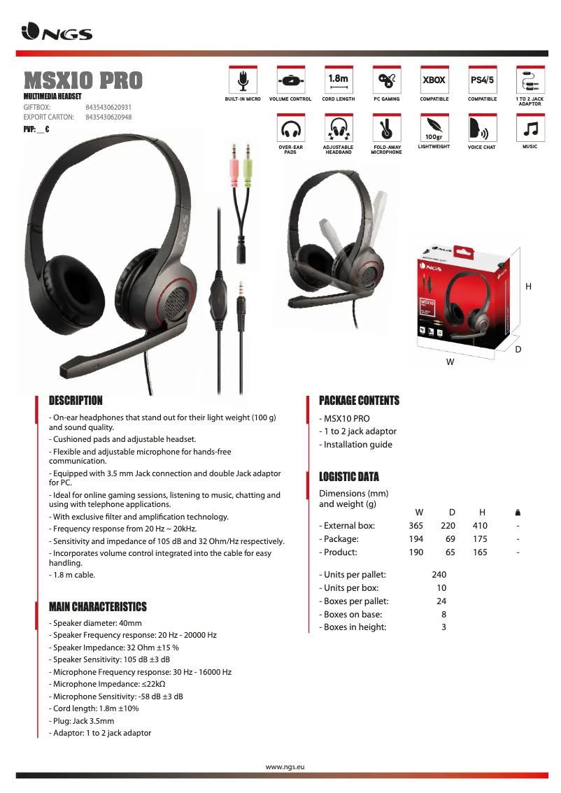 Page 1 de la notice Fiche technique NGS MSX10 PRO