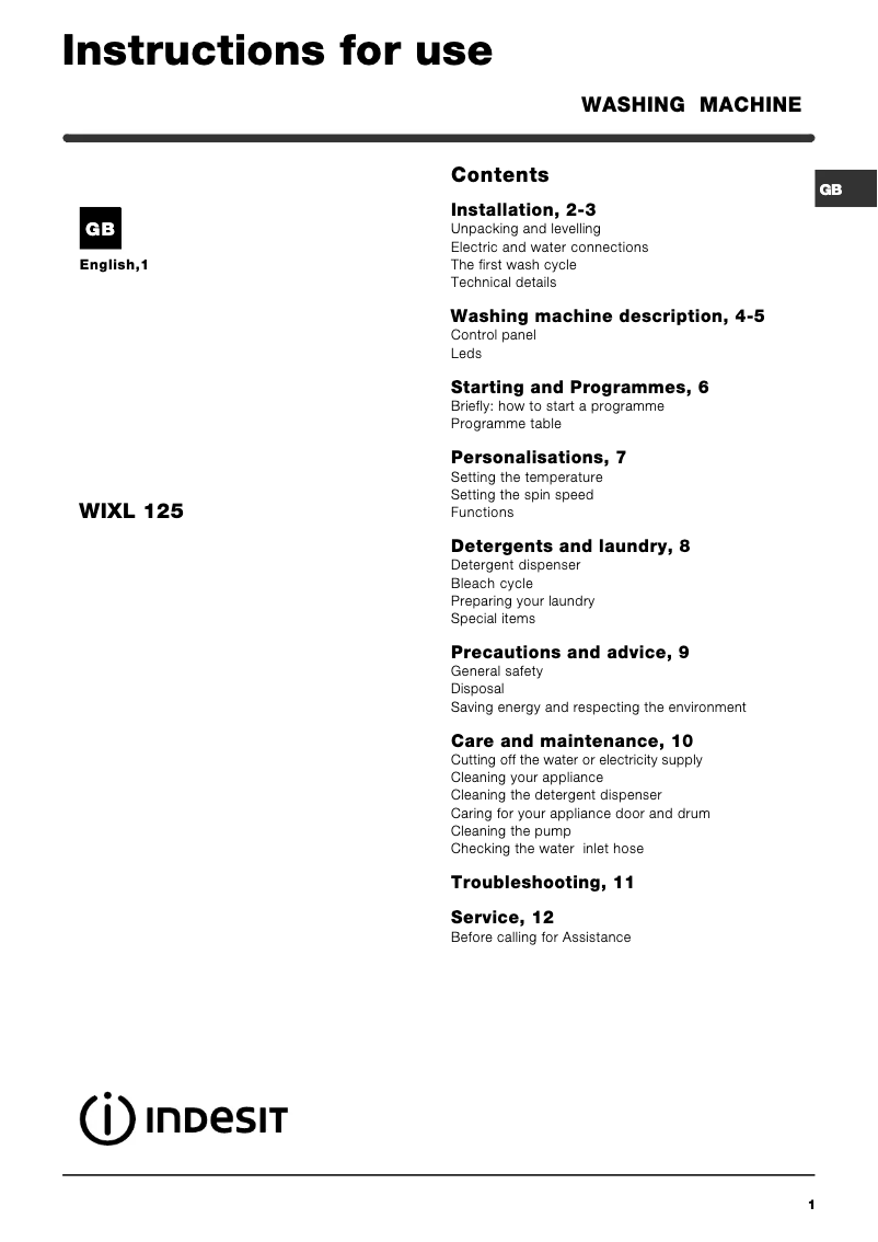 Page n°1 - Manuel utilisateur Indesit WIXL 125 (IN)