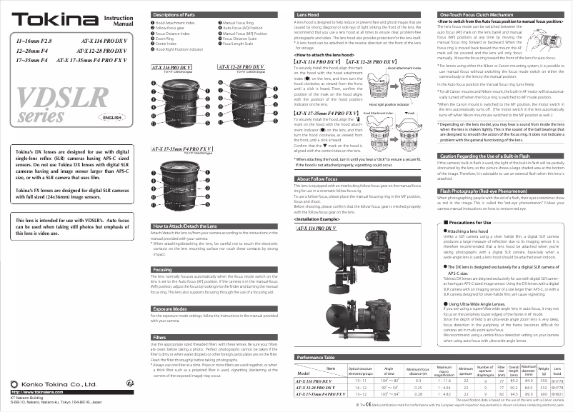 Page 1 de la notice Manuel utilisateur Tokina 11-16mm f/2.8 DX II Canon
