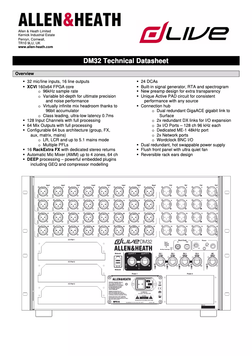 Page 1 de la notice Fiche technique Allen & Heath dLive DM32