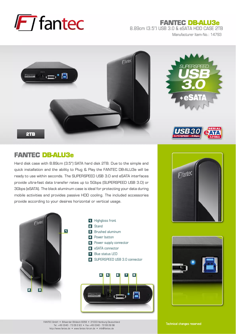 Page 1 of the manual Technical Sheet Fantec DB-ALU3e