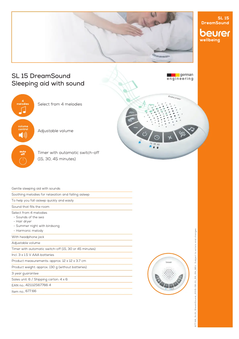 Page 1 de la notice Fiche technique Beurer SL 15 DreamSound