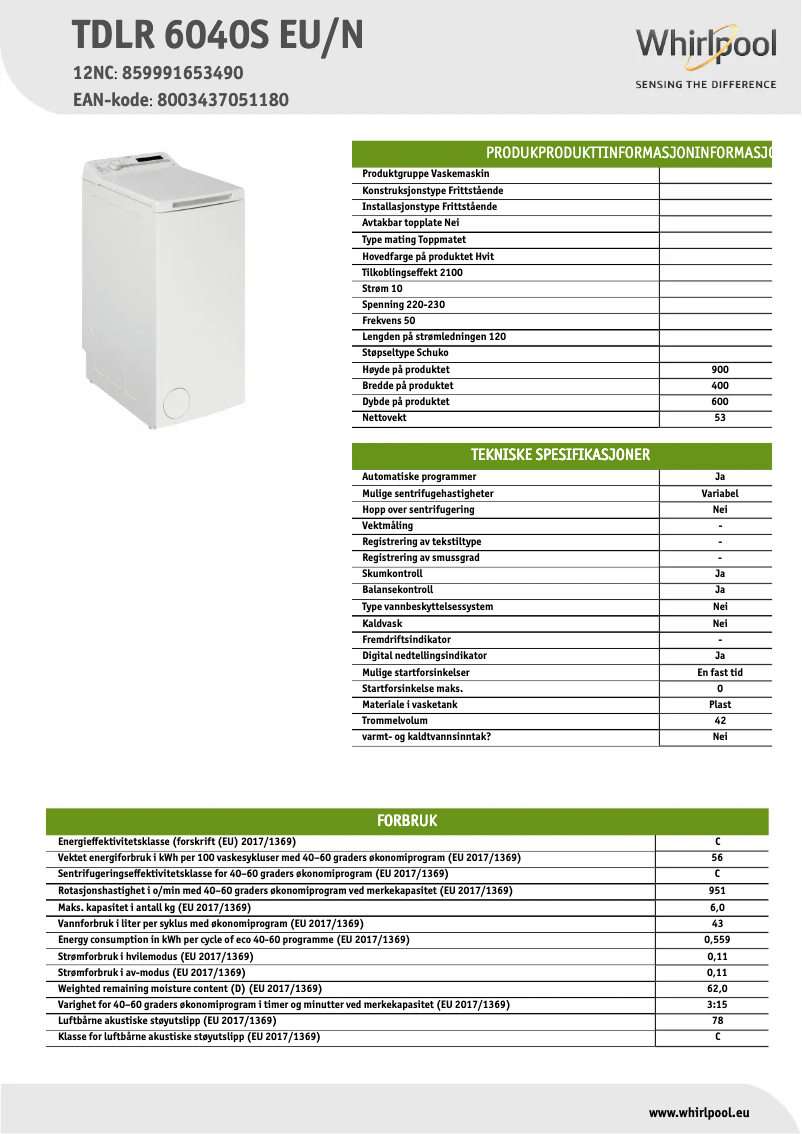Página 1 del manual Ficha técnica Whirlpool TDLR 6040S
