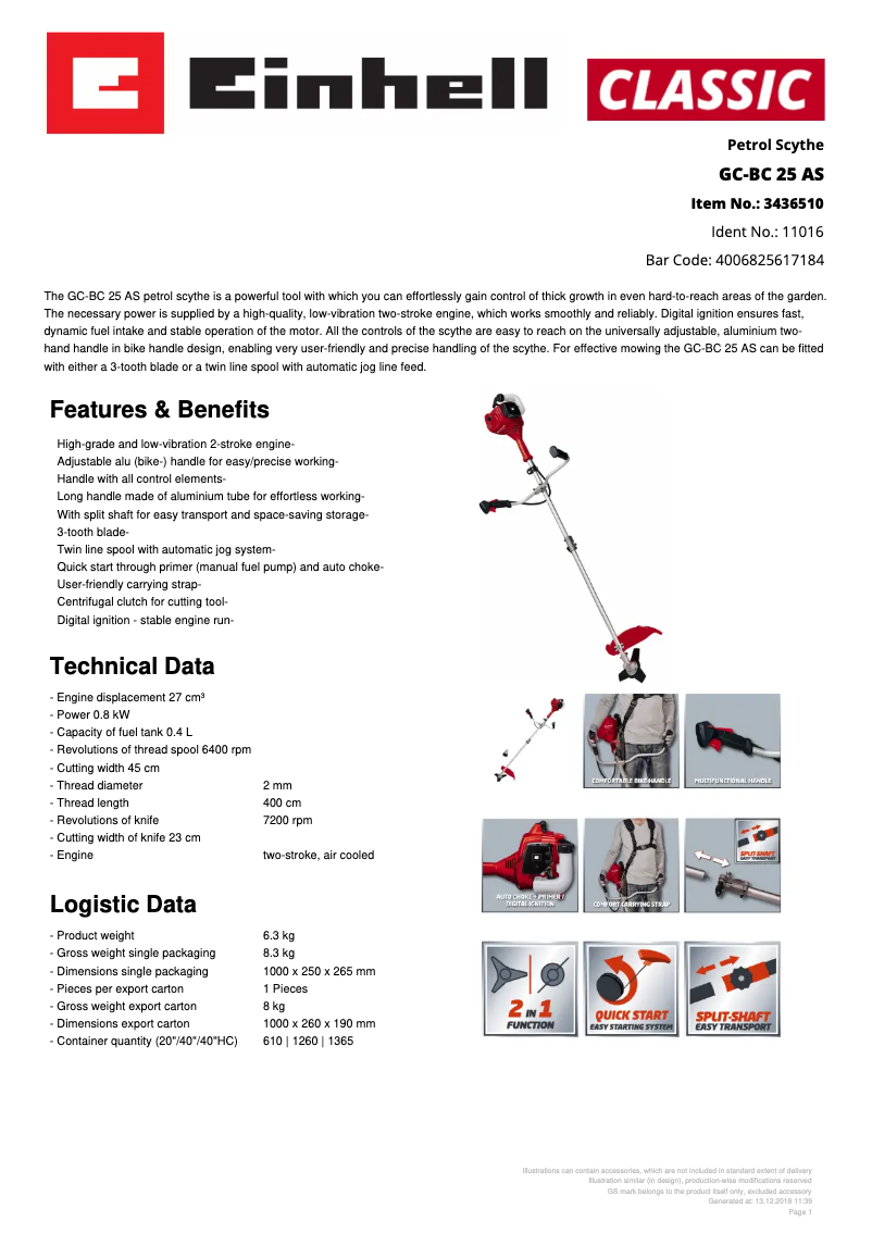 Page 1 de la notice Fiche technique Einhell GC-BC 25 AS