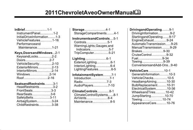 Page 1 de la notice Manuel utilisateur Chevrolet Aveo (2011)