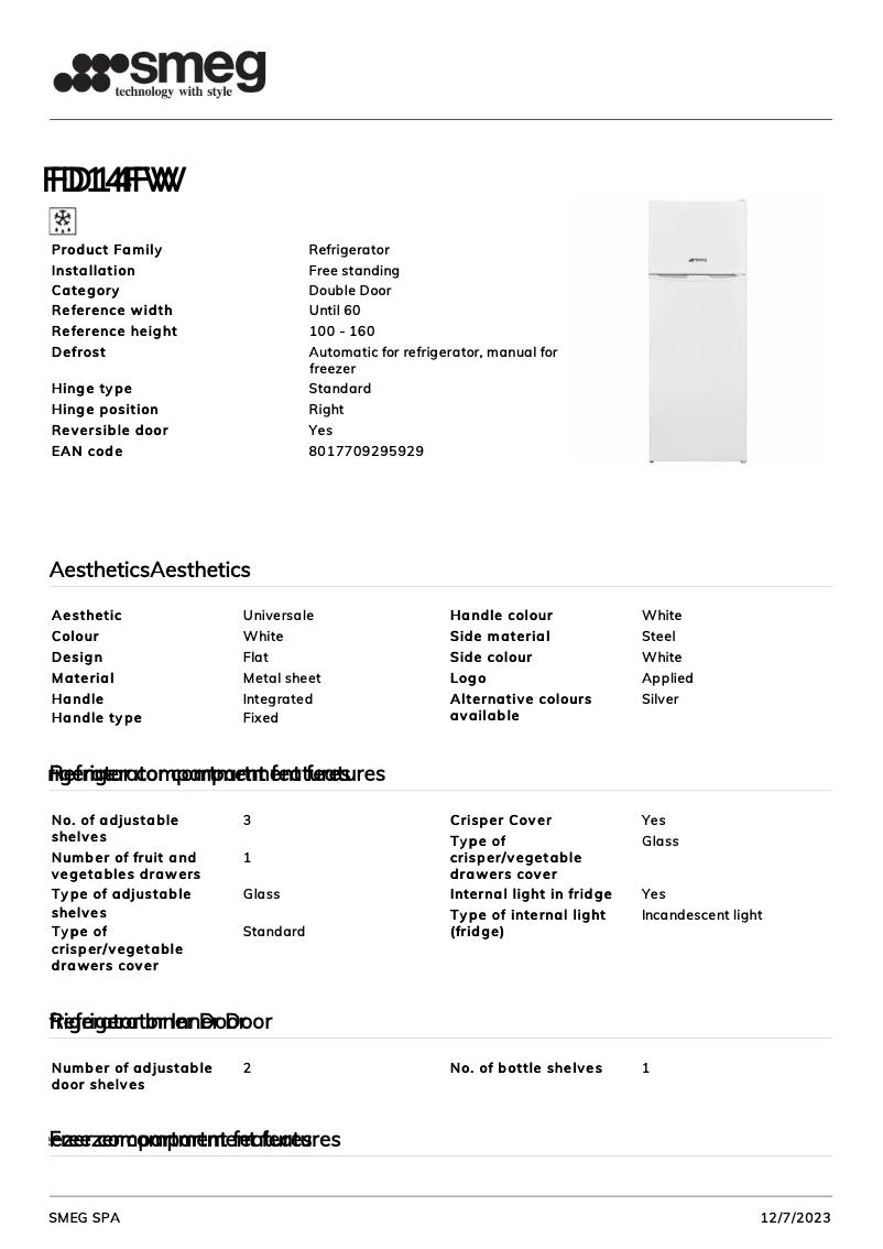 Page 1 de la notice Fiche technique Smeg FD14FW