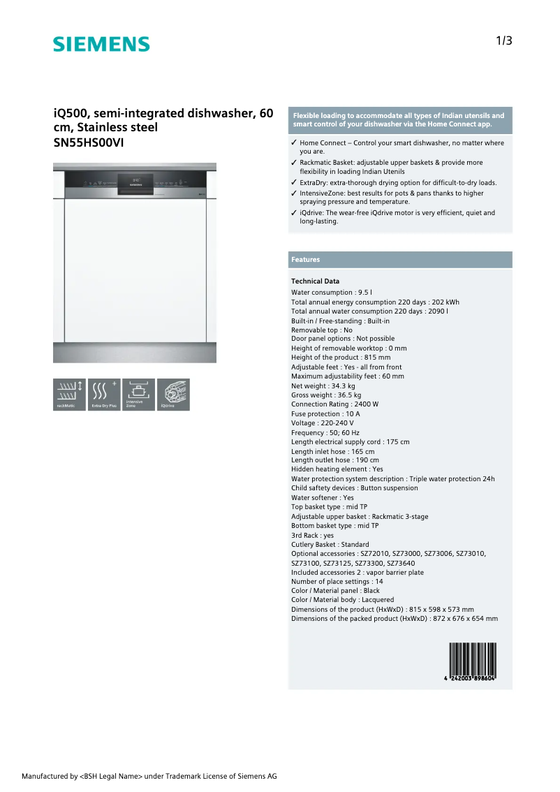 Page 1 de la notice Manuel utilisateur Siemens SN55HS00VI