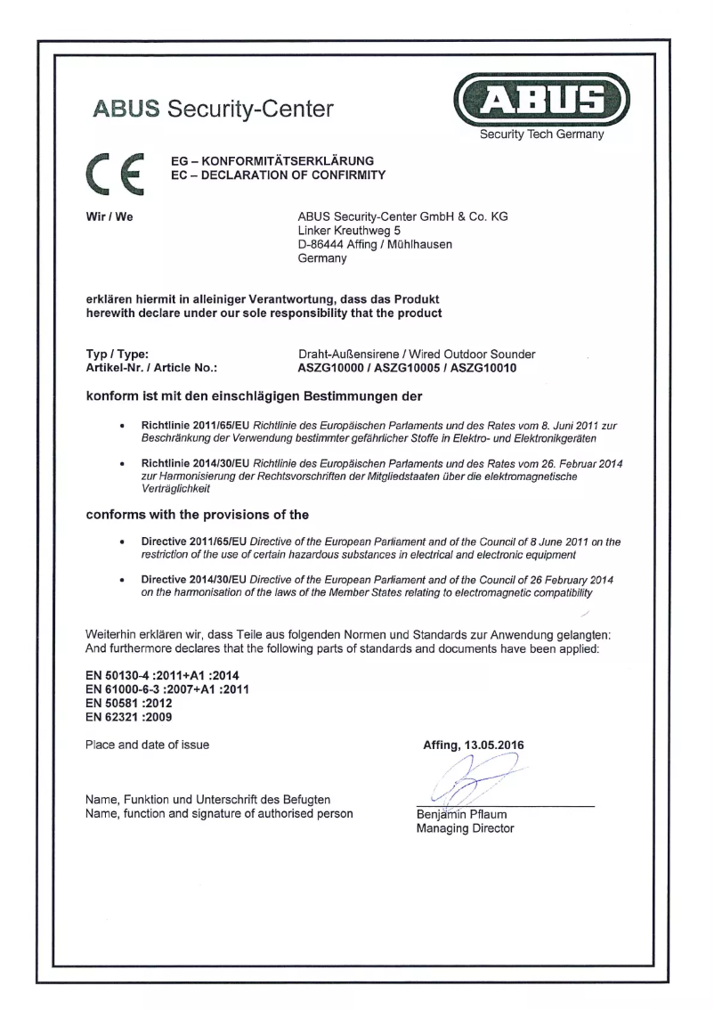 Page 1 de la notice Manuel utilisateur Abus AZSG10000