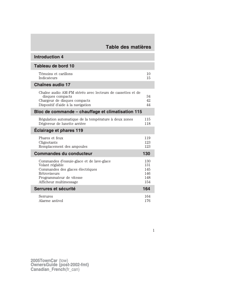 Page 1 de la notice Manuel utilisateur Lincoln Town Car (2005)