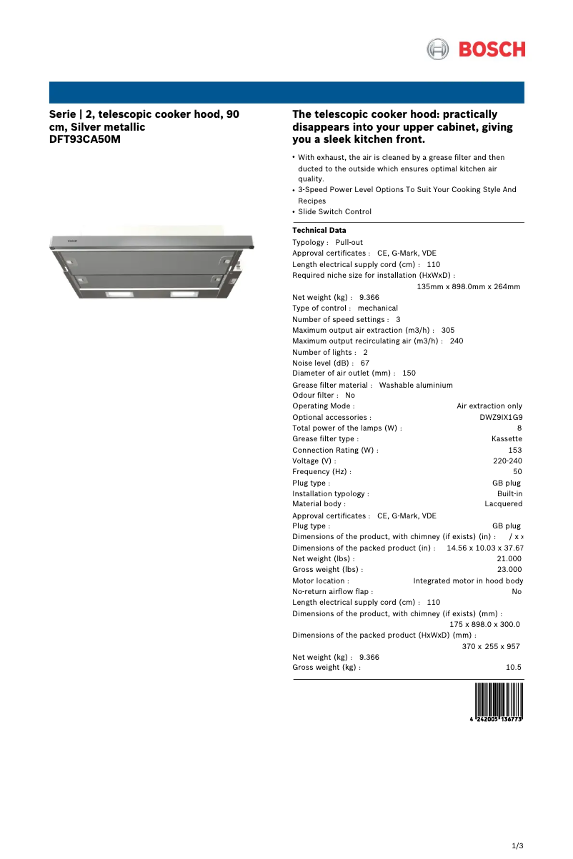 Page 1 de la notice Fiche technique Bosch DFT93CA50M