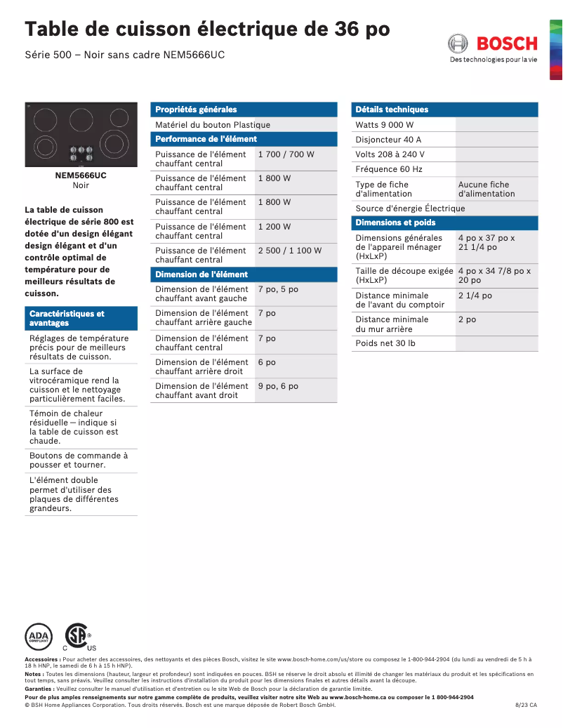 Page 1 de la notice Fiche technique Bosch NEM5666UC