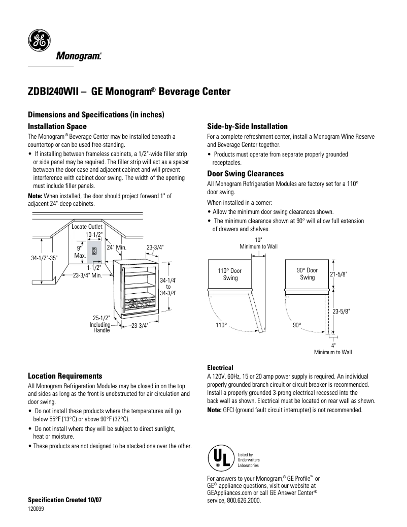 Page n°1 - Fiche technique GE ZDBI240WII