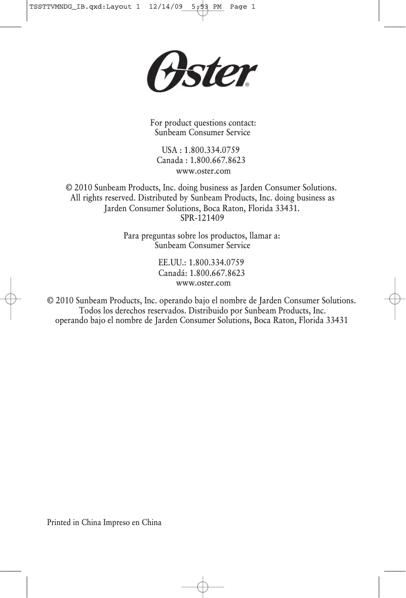 Page 1 de la notice Manuel utilisateur Oster TSSTTVMNDG-001