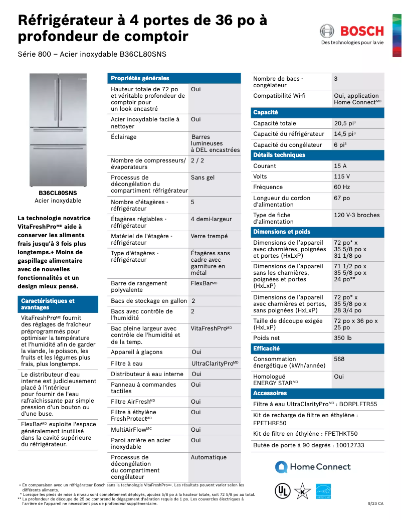 Page 1 de la notice Fiche technique Bosch B36CL80SNS