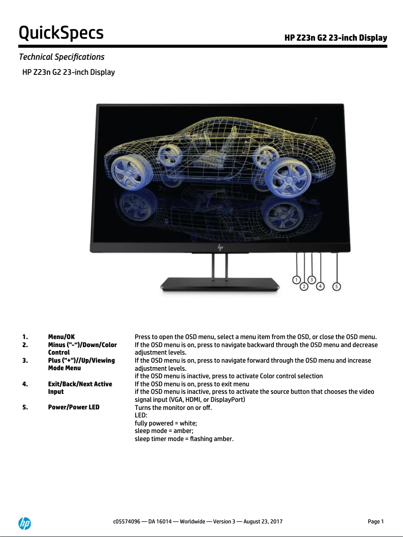 Page 1 de la notice Fiche technique HP Z Display Z23n G2