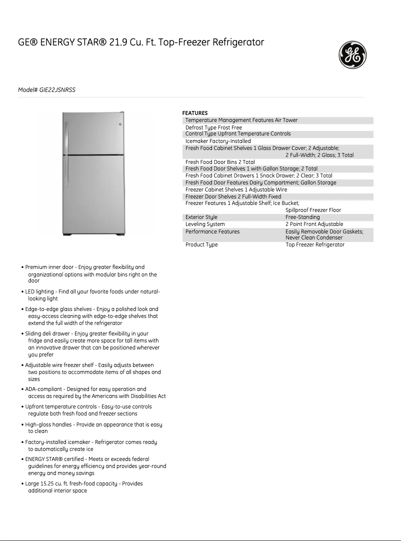 Page 1 de la notice Fiche technique GE GIE22JSNRSS