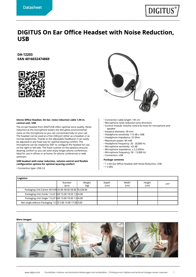 Page 1 de la notice Fiche technique Digitus DA-12203