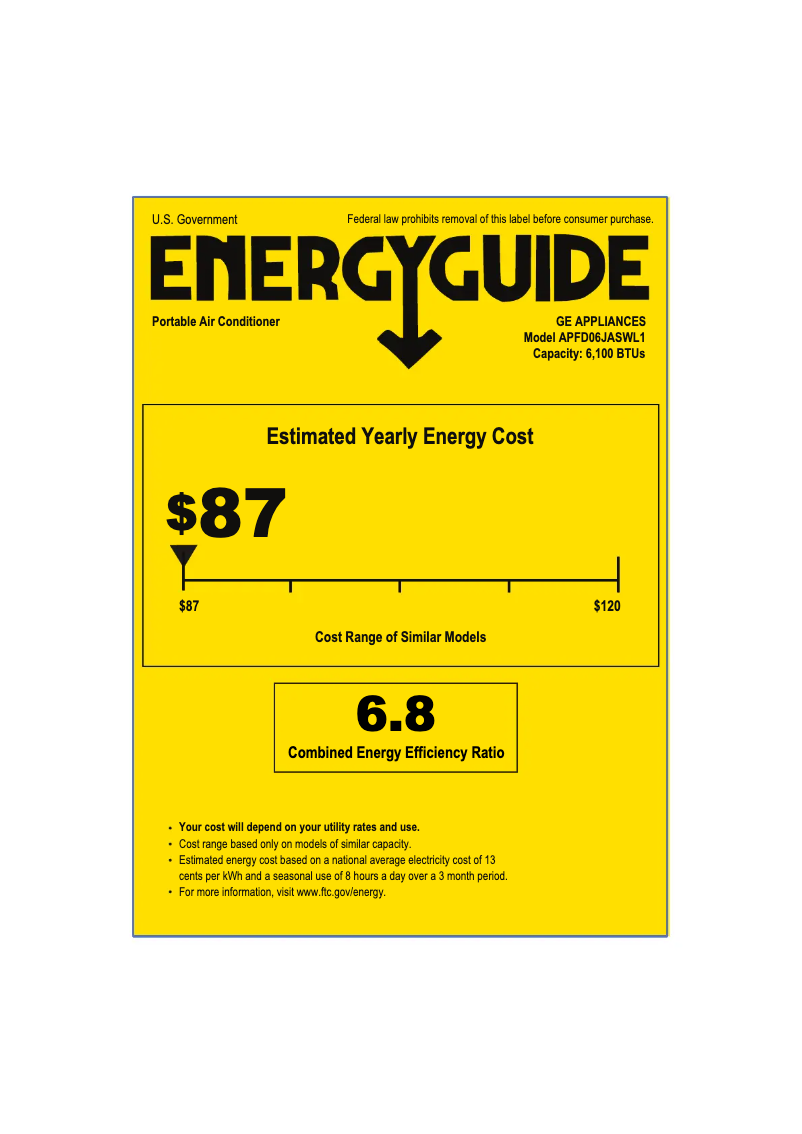 Page 1 de la notice Label énergétique GE APFD06JASW