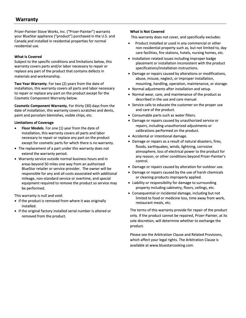 Página 1 del manual Información de garantía BlueStar FBFD361PW