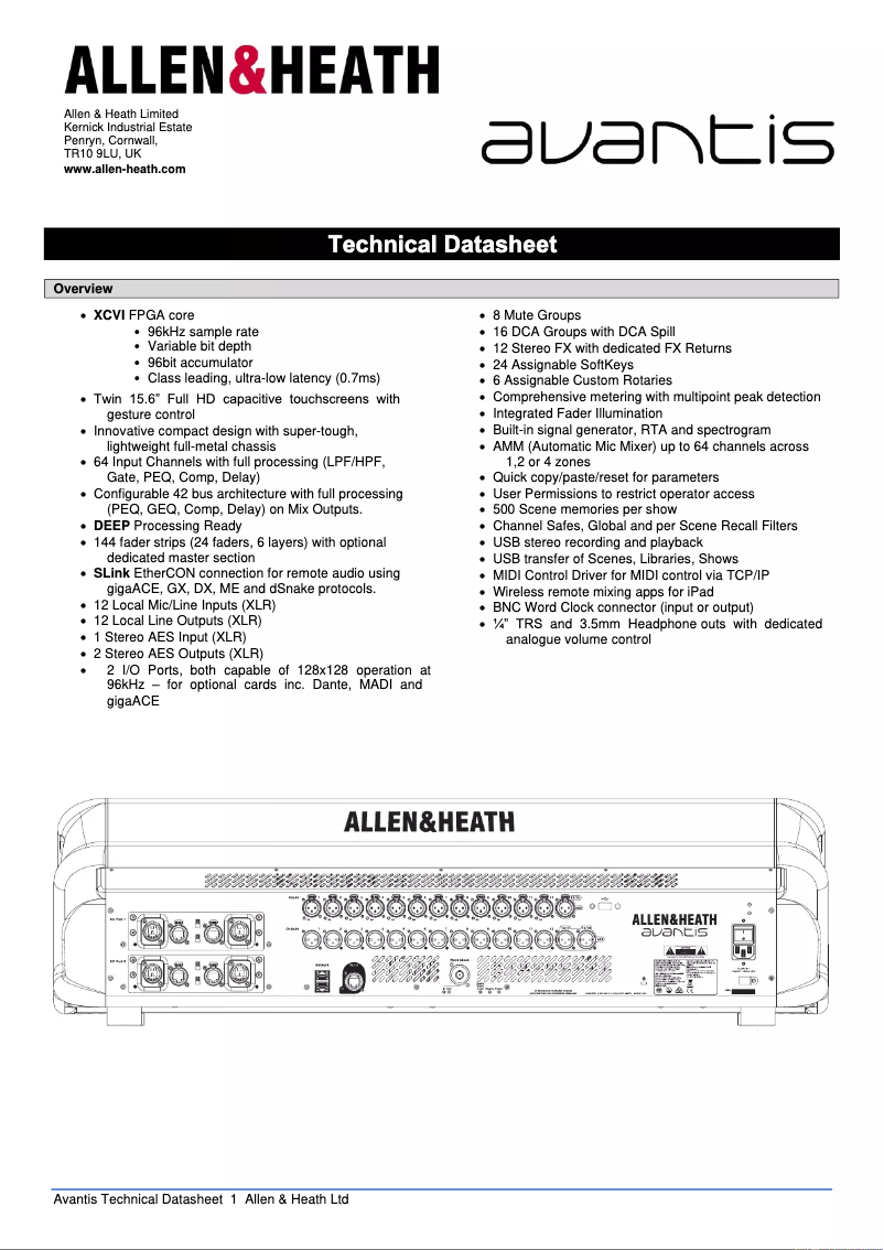 Page 1 de la notice Fiche technique Allen & Heath Avantis