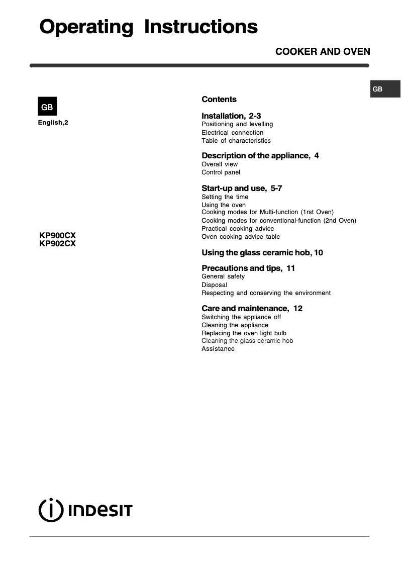 Page 1 de la notice Manuel utilisateur Indesit KP900CX