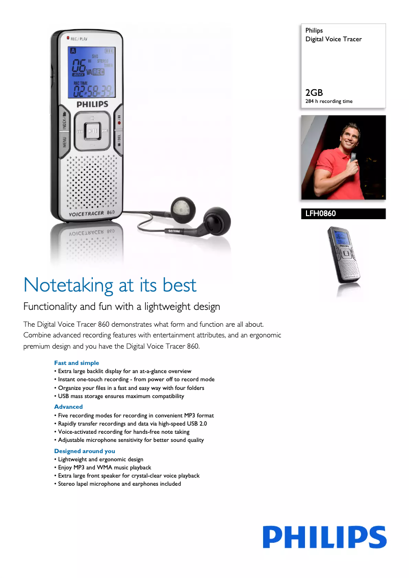 Página 1 del manual Ficha técnica Philips Digital Voice Tracer LFH0860