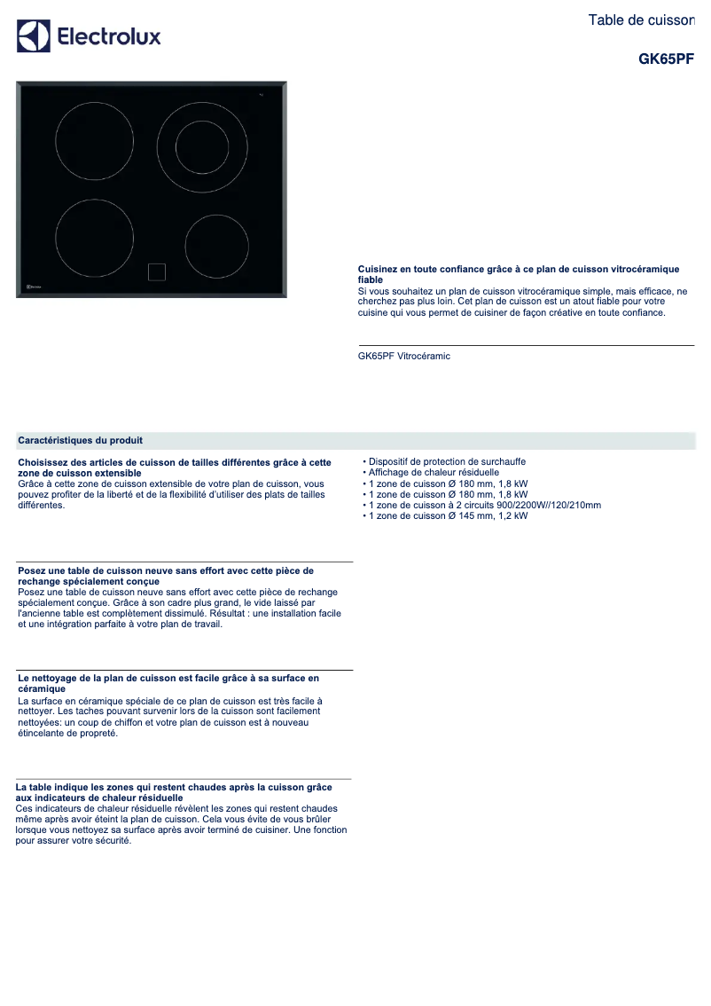Page 1 de la notice Fiche technique Electrolux GK65PF