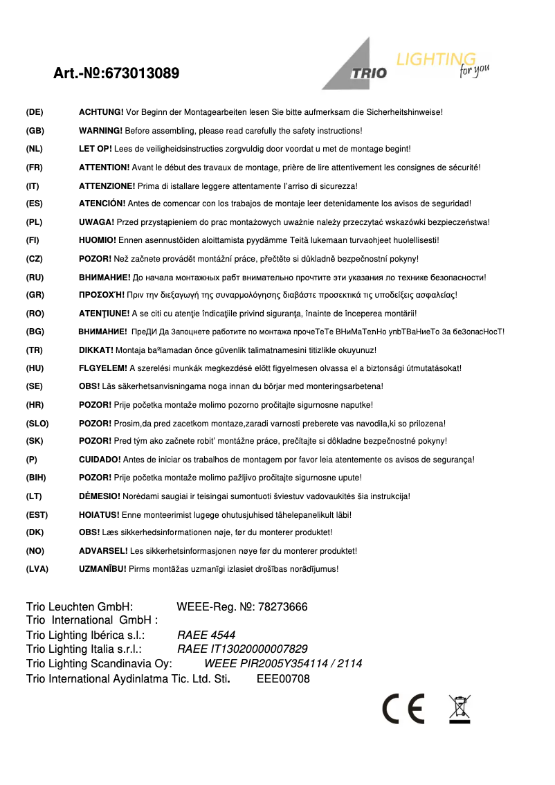 Page 1 de la notice Manuel utilisateur Trio Lighting Mosaique 673013089