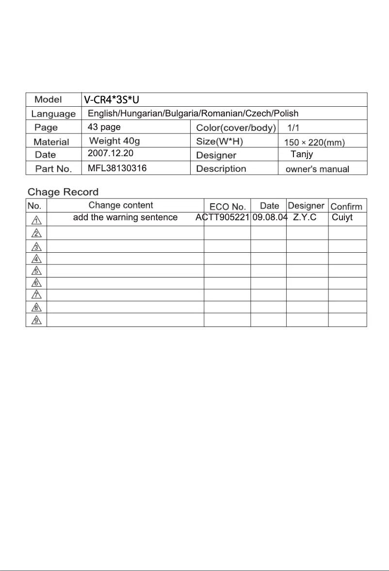 Page 1 de la notice Manuel utilisateur LG V-CR403STU