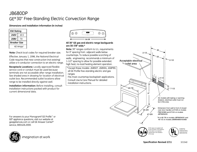 Página 1 del manual Ficha técnica GE JB680DPWW
