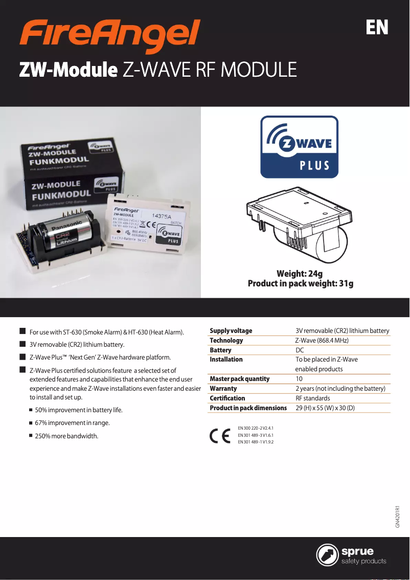 Page 1 de la notice Fiche technique FireAngel ZB-module