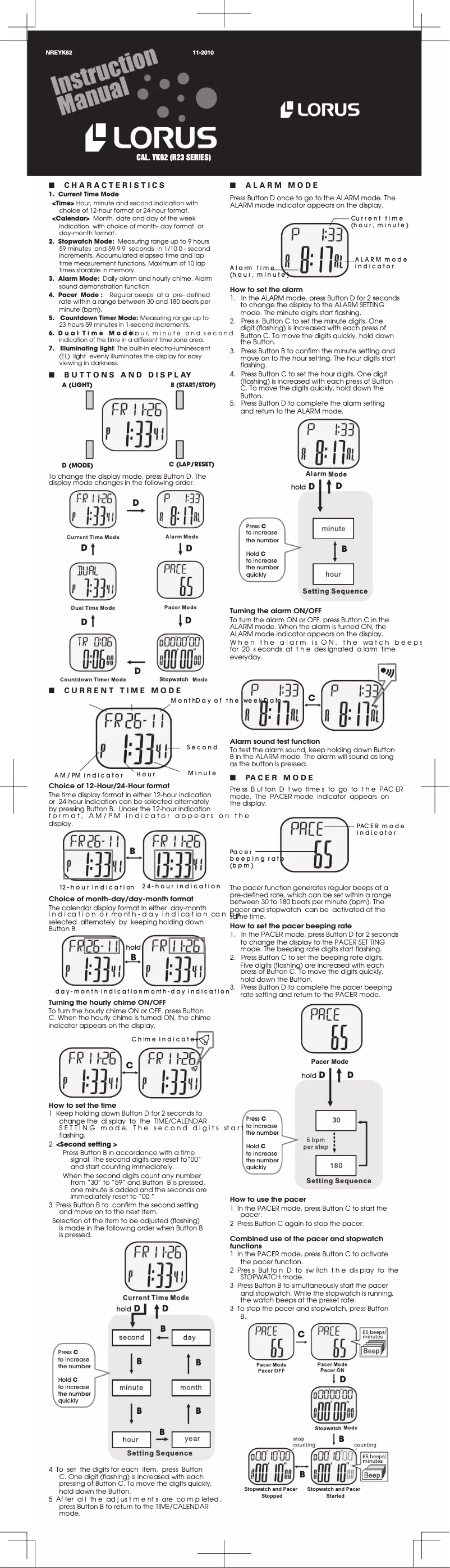 Page 1 de la notice Manuel utilisateur Lorus YK62