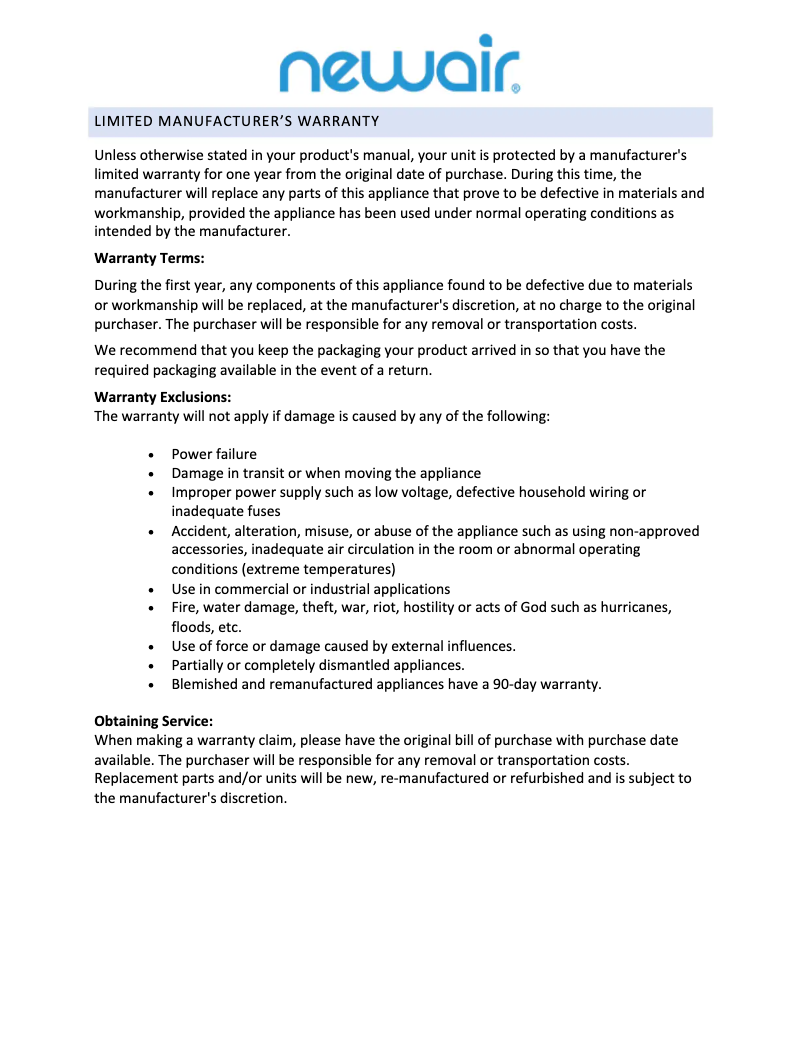 Page 1 de la notice Manuel utilisateur NewAir AWC-330E