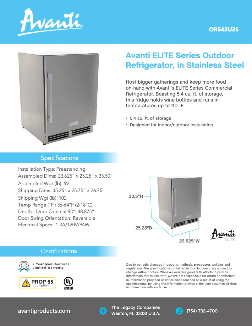 Page 1 de la notice Fiche technique Avanti OR543U3S