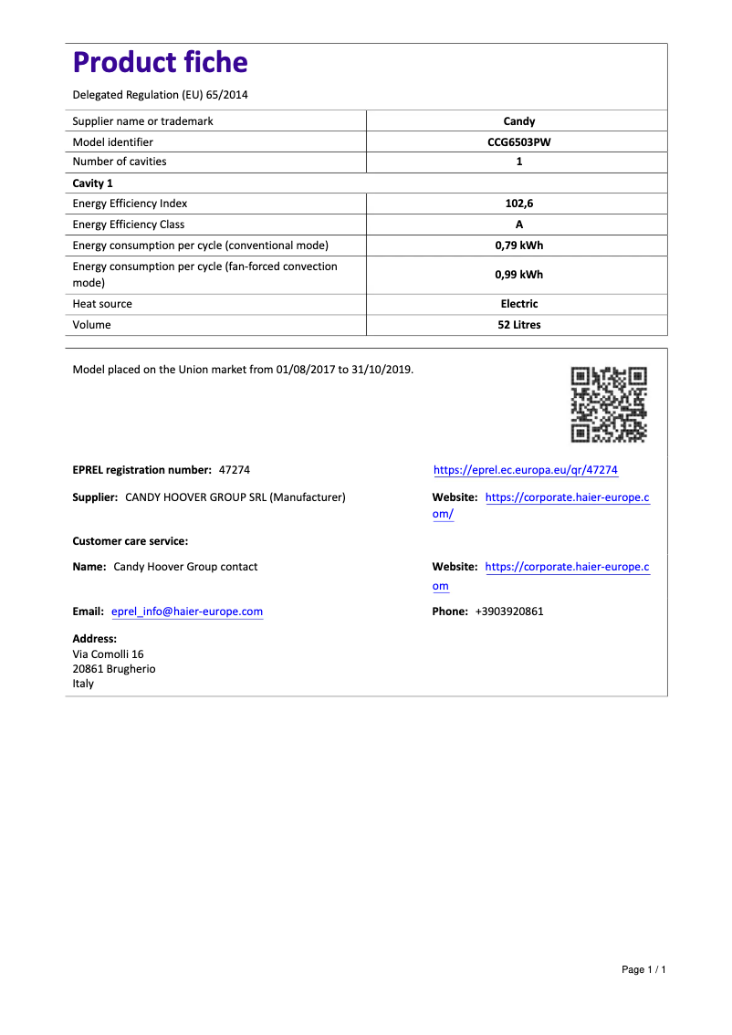 Page 1 de la notice Manuel utilisateur Candy CCG6503PW