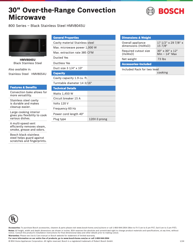 Page 1 de la notice Fiche technique Bosch HMV8045U