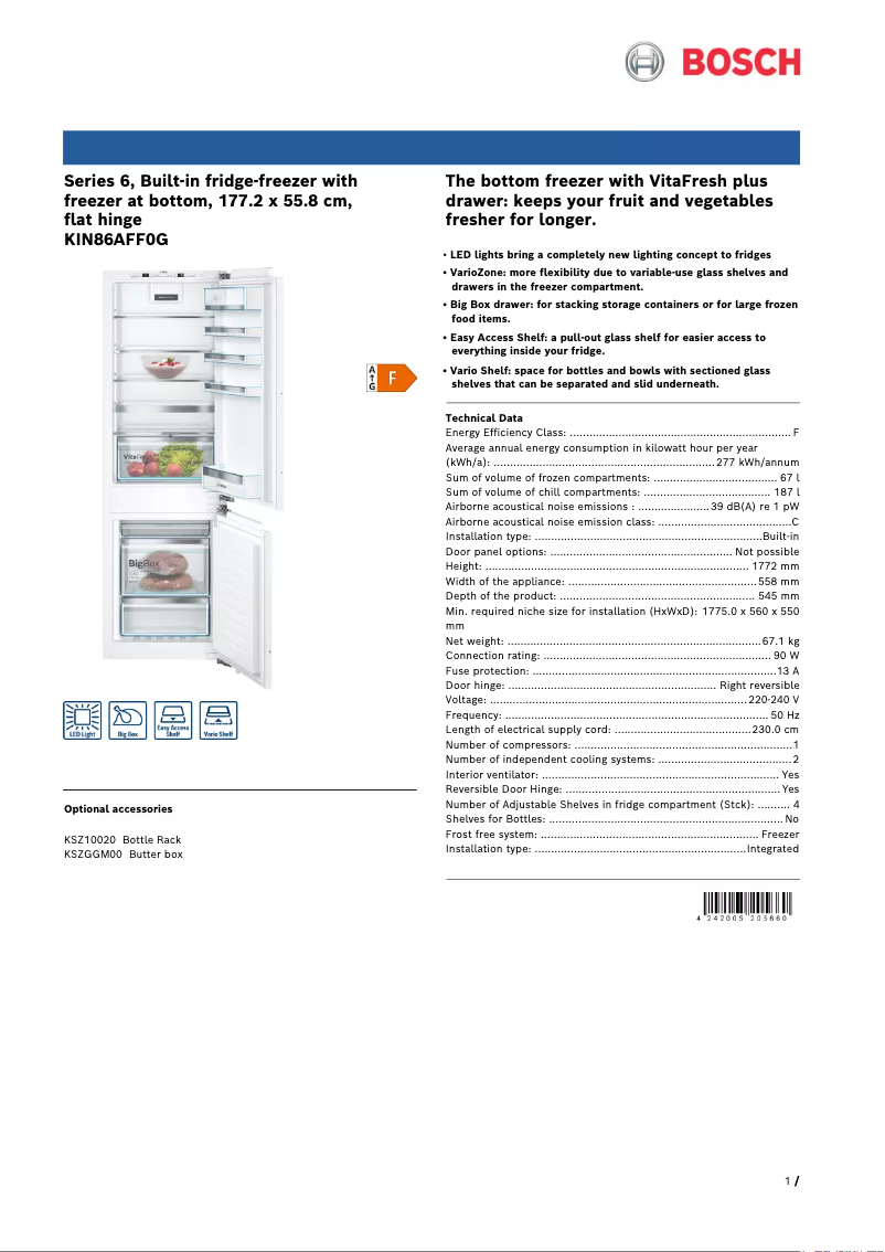 Page 1 of the manual Technical Sheet Bosch KIN86AFF0G