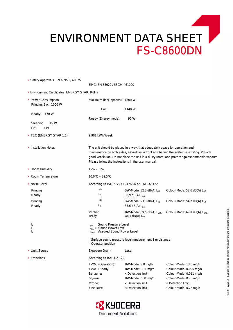 Page 1 de la notice Fiche technique Kyocera FS-C8600DN