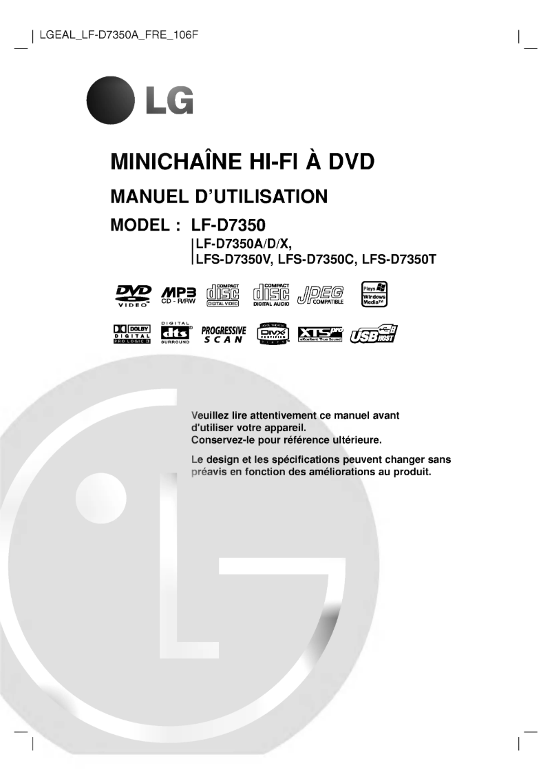 Page 1 de la notice Manuel utilisateur LG LF-D7350A