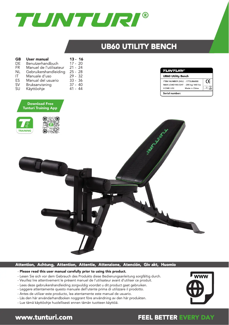 Página 1 del manual Manual de usuario Tunturi UB60 Utility Bench