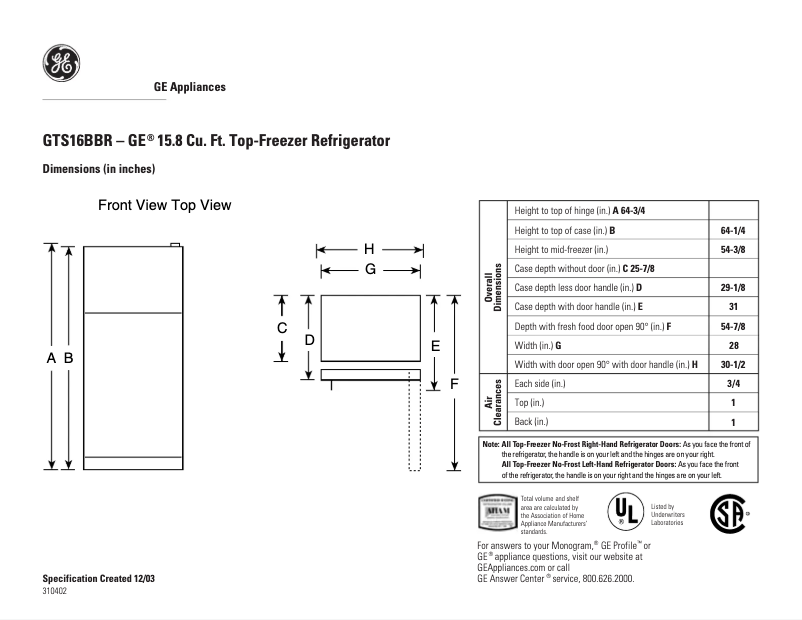 Page n°1 - Fiche technique GE GTS16BBRLCC