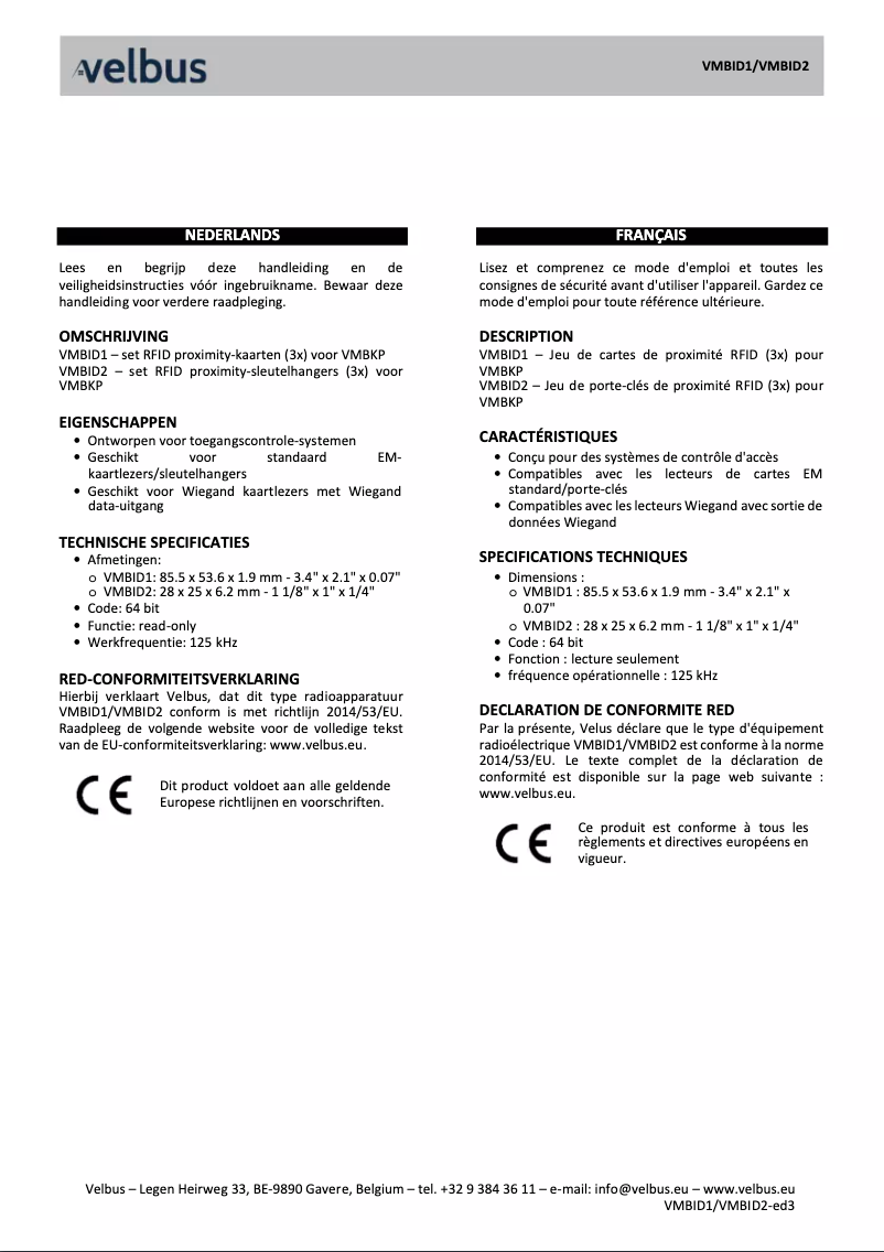 Page 1 de la notice Manuel utilisateur Velbus VMBID2