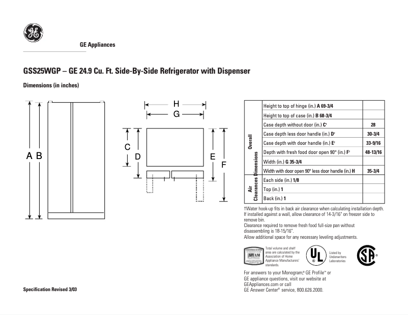 Page n°1 - Fiche technique GE GSS25WGPBB