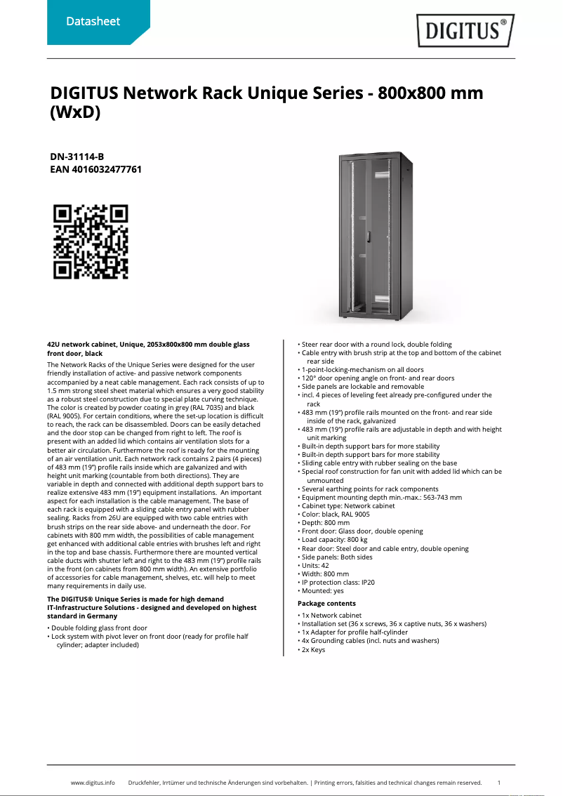 Page 1 de la notice Fiche technique Digitus DN-31114