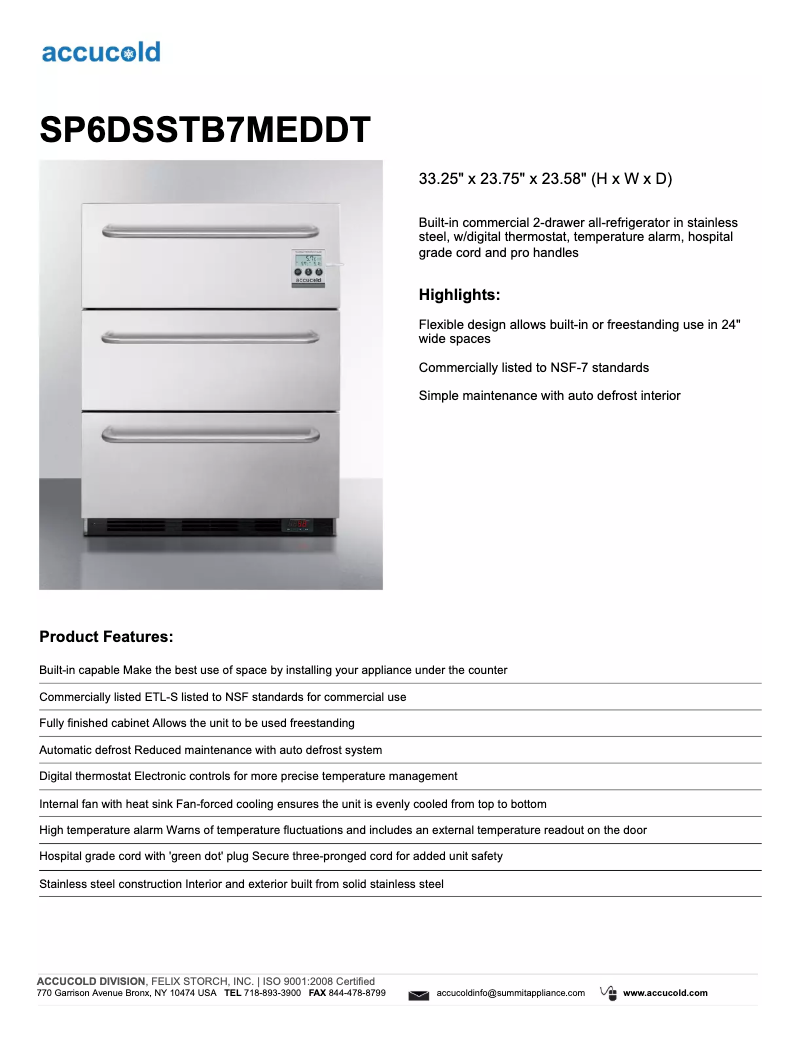 Page 1 de la notice Fiche technique Summit Accucold SP6DSSTB7MEDDT