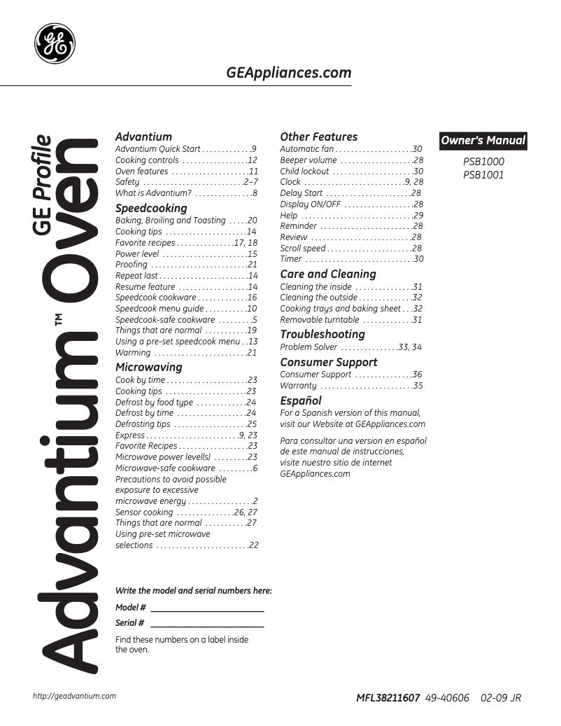 Página 1 del manual Manual de usuario GE Advantium PSB1001NSS