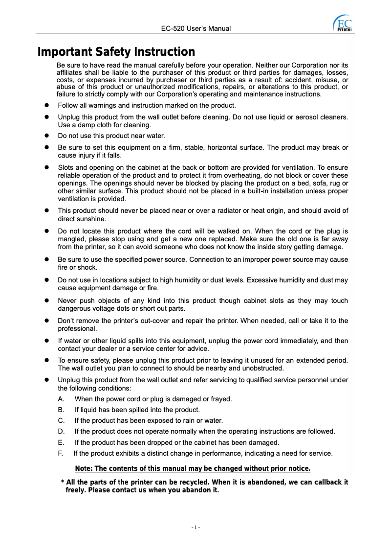 Page 1 of the manual User Manual EC Line EC-520