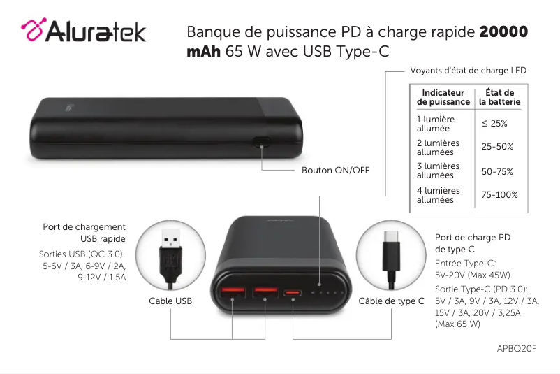 Page 1 de la notice Manuel utilisateur Aluratek APBQ20F