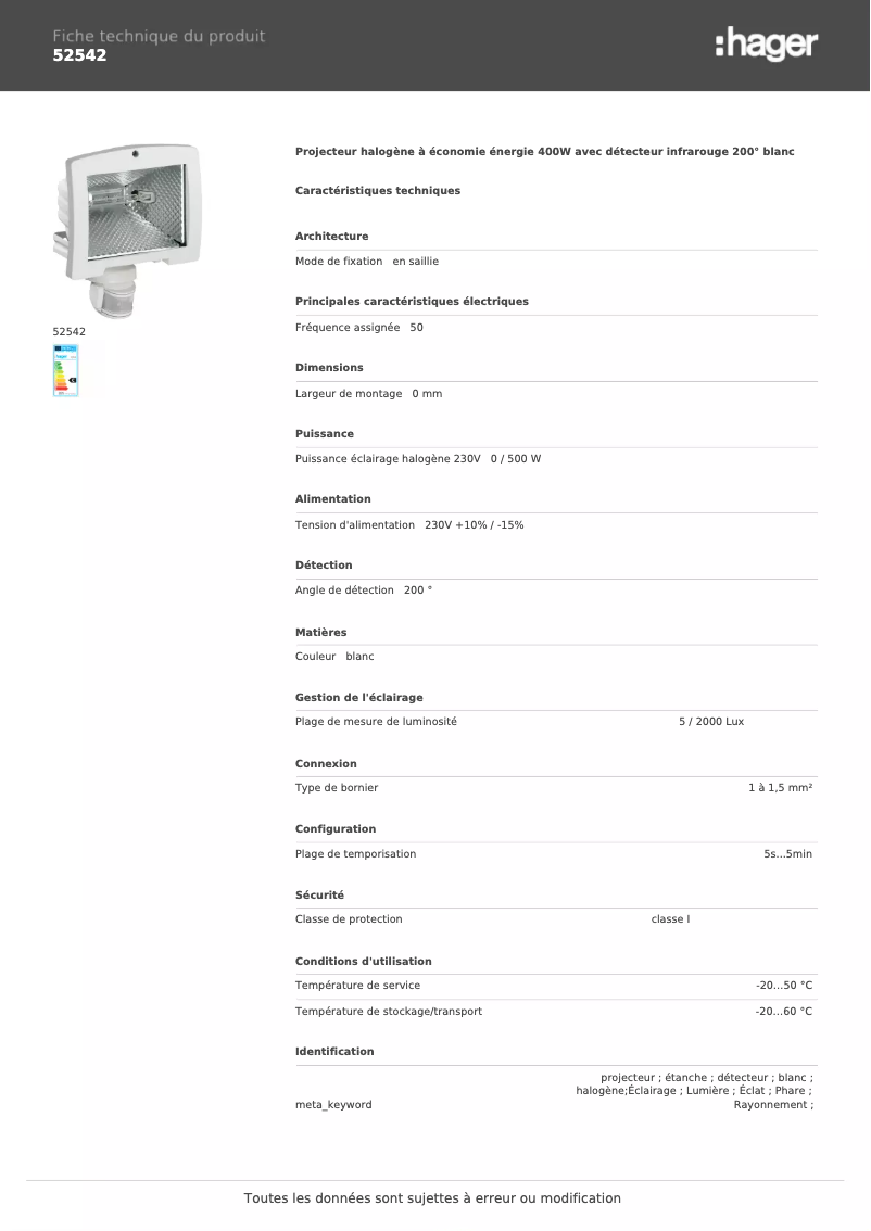 Page 1 de la notice Fiche technique Hager 52542